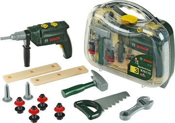 Klein Toys Bosch mini 16-delige speelgoed gereedschapskoffer - boormachine, hamer, zaag, steeksleutel en gereedschap accessoires - incl. licht- en geluidseffecten - groen