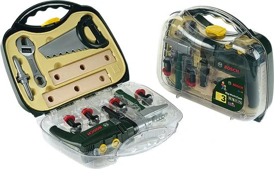 Klein Toys Bosch mini 16-delige speelgoed gereedschapskoffer - boormachine, hamer, zaag, steeksleutel en gereedschap accessoires - incl. licht- en geluidseffecten - groen