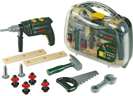 Klein Toys Bosch mini 16-delige speelgoed gereedschapskoffer - boormachine, hamer, zaag, steeksleutel en gereedschap accessoires - incl. licht- en geluidseffecten - groen