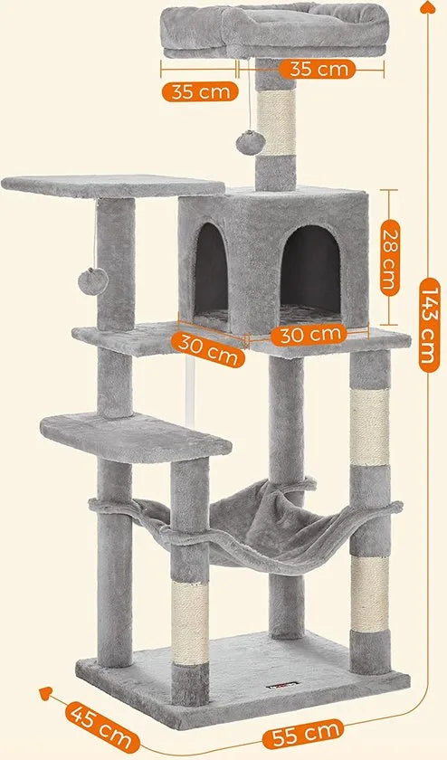 Krabpaal met Hangmat - Hoogwaardige Kwaliteit - Kattenboom - Poezen - Katten - Kattenliefhebbers - 143 CM - Lichtgrijs