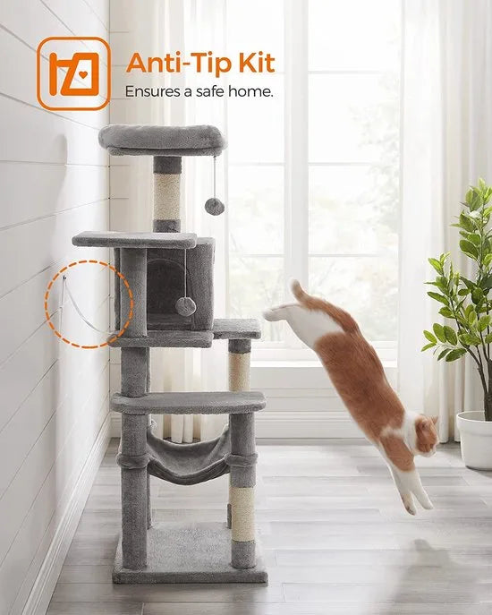 Krabpaal met Hangmat - Hoogwaardige Kwaliteit - Kattenboom - Poezen - Katten - Kattenliefhebbers - 143 CM - Lichtgrijs