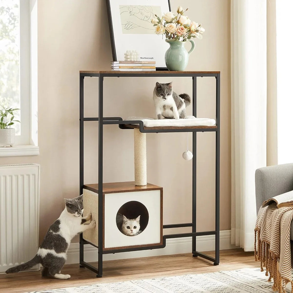 Krabpaal voor katten - Kattenkrabpaal - Kattenpaal - Kattenmeubel - 12.8 kg - MDF - Staal - Bruin - Zwart - 74 x 34 x 114 cm