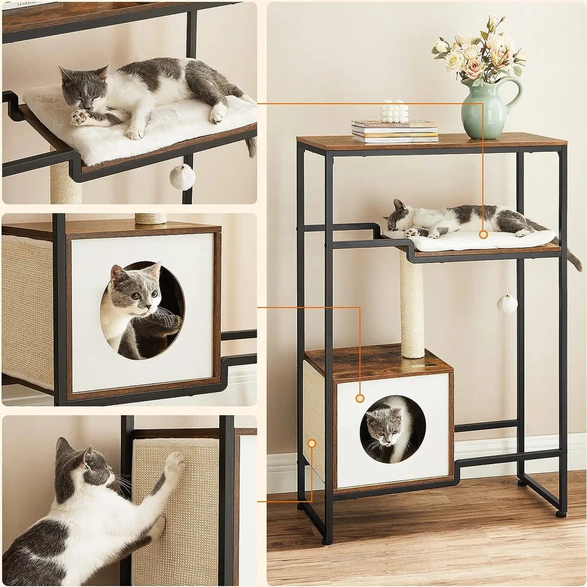 Krabpaal voor katten - Kattenkrabpaal - Kattenpaal - Kattenmeubel - 12.8 kg - MDF - Staal - Bruin - Zwart - 74 x 34 x 114 cm