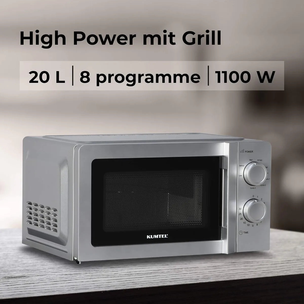 KUMTEL - 2 in 1 magnetron met grill - 20 liter - 8 standen - glazen draaiplateau - tijdgestuurde ontdooifunctie - gemakkelijk te reinigen binnenovenruimte - 30,1 x 31,1 x 20,2 cm - zilver