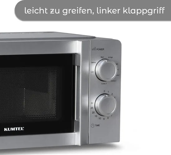 KUMTEL - 2 in 1 magnetron met grill - 20 liter - 8 standen - glazen draaiplateau - tijdgestuurde ontdooifunctie - gemakkelijk te reinigen binnenovenruimte - 30,1 x 31,1 x 20,2 cm - zilver