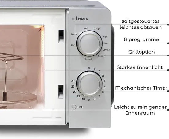 KUMTEL - 2 in 1 magnetron met grill - 20 liter - 8 standen - glazen draaiplateau - tijdgestuurde ontdooifunctie - gemakkelijk te reinigen binnenovenruimte - 30,1 x 31,1 x 20,2 cm - zilver