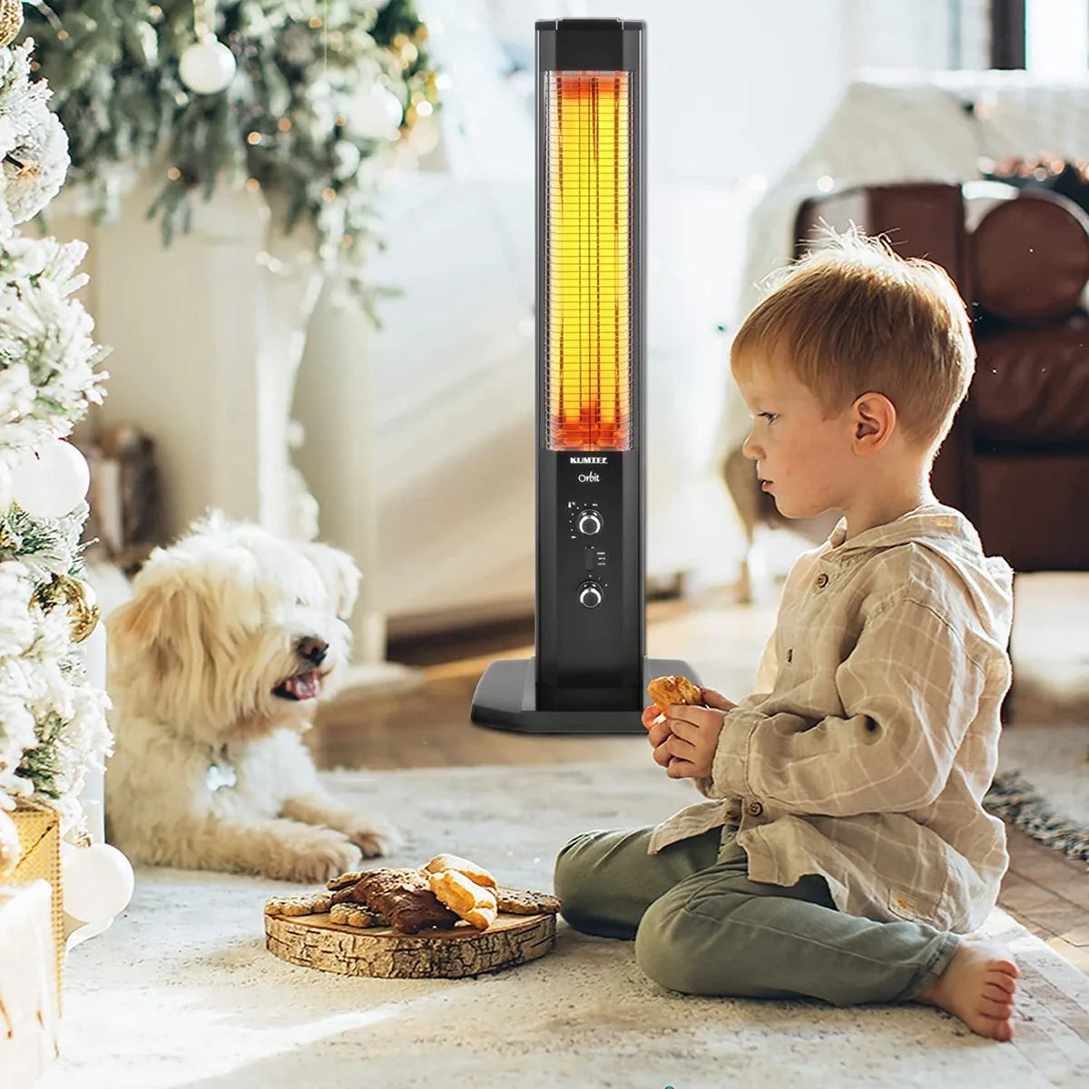 KUMTEL Infrarood staande warmtestraler met thermostaat, infrarood verwarming voor binnen en buiten, 2 warmtestanden, standaard, draagbaar, elegant design, 1200 watt, zwart