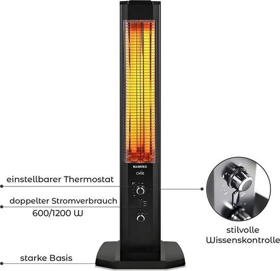KUMTEL Infrarood staande warmtestraler met thermostaat, infrarood verwarming voor binnen en buiten, 2 warmtestanden, standaard, draagbaar, elegant design, 1200 watt, zwart