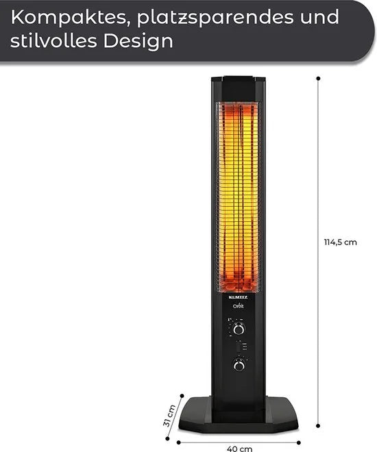 KUMTEL Infrarood staande warmtestraler met thermostaat, infrarood verwarming voor binnen en buiten, 2 warmtestanden, standaard, draagbaar, elegant design, 1200 watt, zwart