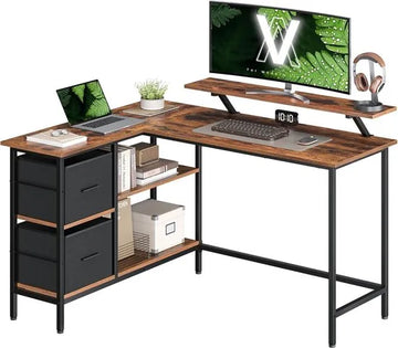 L-vormig bureau, 2 ruime lades, computerbureau met monitorstandaard, hoekbureau, gametafel met verstelbare plank, 105 x 135 x 89.5, vintage bruin