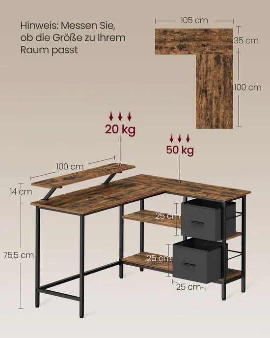 L-vormig bureau, 2 ruime lades, computerbureau met monitorstandaard, hoekbureau, gametafel met verstelbare plank, 105 x 135 x 89.5, vintage bruin