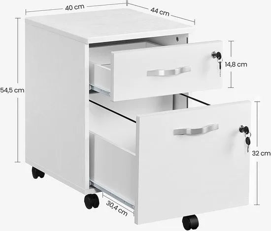 Ladeblok ladeblok op wieltjes Afsluitbaar Verrijdbare container 2 sloten Archiefkast met 2 lades en 5 wielen Verstelbare Hangmap wit