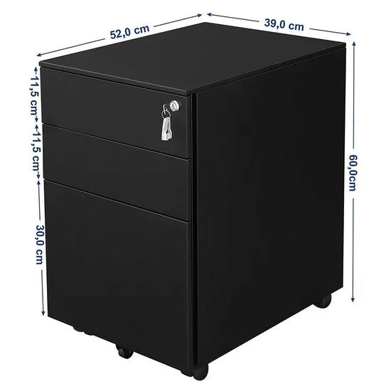 Ladeblok met Afsluitbare Lade - Metaal - 3 Lades - Zwart - 39x52x60 cm (BxDxH)