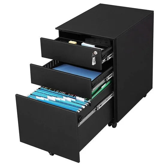 Ladeblok met Afsluitbare Lade - Metaal - 3 Lades - Zwart - 39x52x60 cm (BxDxH)