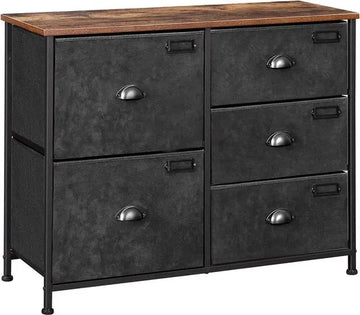 Ladekast, kast met 5 stoffen laden, stalen frame, voor woonkamer, slaapkamer, hal, vintage bruin-zwart LVT05H