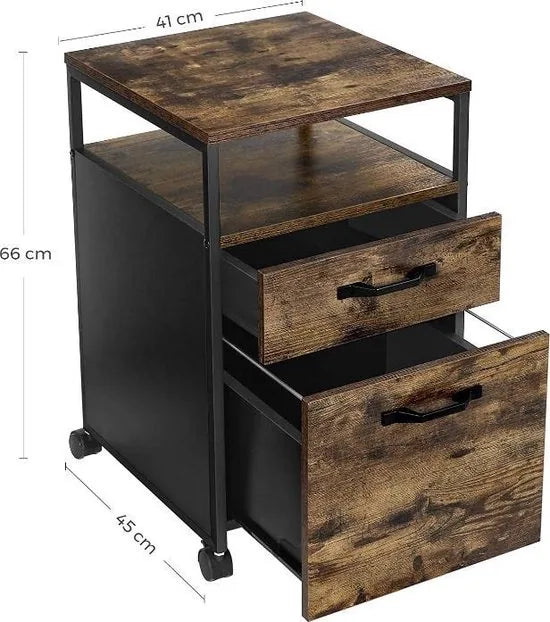 Ladekastje industrieel - Kantoor - Bureau - Slaapkamer - Ladekast op wielen - Hout - 41x45x66cm