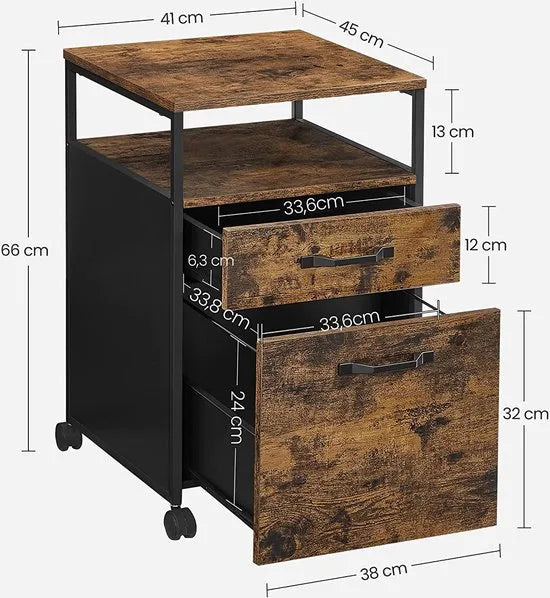 Ladekastje industrieel - Kantoor - Bureau - Slaapkamer - Ladekast op wielen - Hout - 41x45x66cm – Model 2