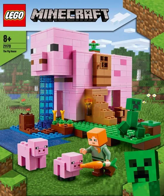 LEGO® MinecraftTM Het varkenshuis 21170; ben je op zoek naar een leuk Minecraft cadeau voor kinderen? Dit coole LEGO speelgoed voor Minecraft spelers bevat Alex, een CreeperTM en een huis in de vorm van een reusachtig varken om zelf te bouwen (490 on