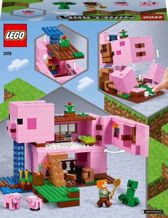LEGO® MinecraftTM Het varkenshuis 21170; ben je op zoek naar een leuk Minecraft cadeau voor kinderen? Dit coole LEGO speelgoed voor Minecraft spelers bevat Alex, een CreeperTM en een huis in de vorm van een reusachtig varken om zelf te bouwen (490 on
