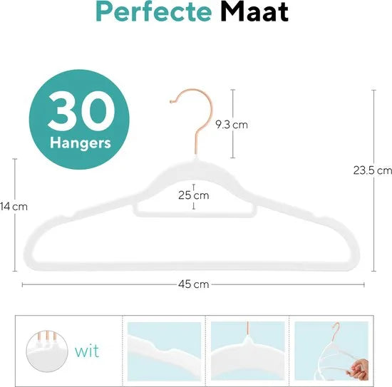 Life's green® Velvet Hanger - Fluwelen Kleerhangers - 30 Stuks - Kledinghangers - Anti-slip - Velvet – Wit met Rosé haak