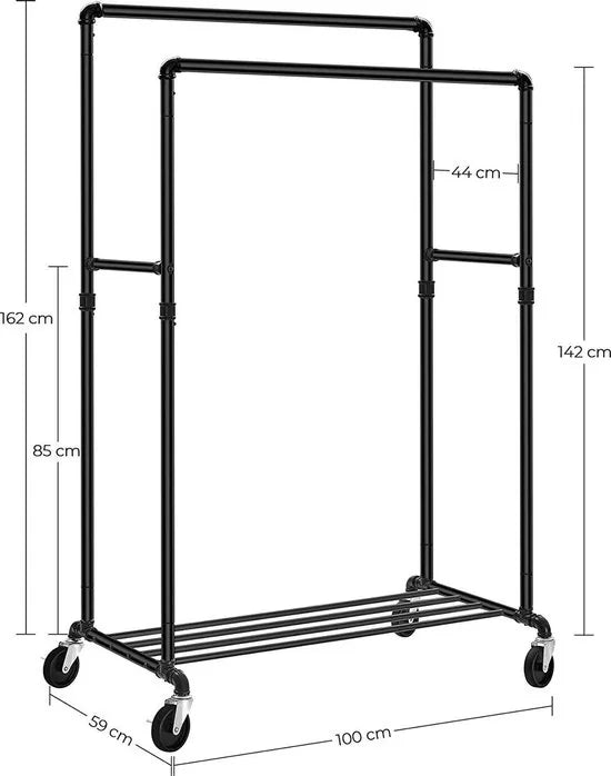 Metalen Kledingrek - 2 kledingstangen - tot 110 kg - Industrieel - Zwart