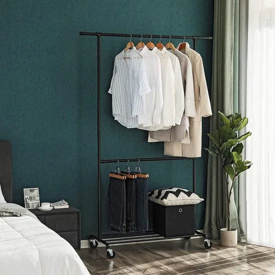 Metalen Kledingrek met 2 Stangen, Draagrooster en Wieltjes