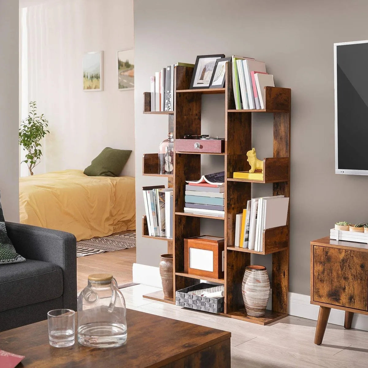 MIRA Home - Boekenkast - Vakkenkast - Hout - Bruin/zwart - 74x29.6x154.5