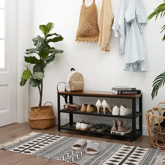 MIRA Home - Industriële Schoenenbank - Duurzaam Hout en Stevig Metaal - Efficiënt Ruimtegebruik - 88x30x45 cm