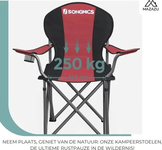 MIRA Home - Kampeerstoel - Kampeerstoel met Bekerhouder - Rood/Zwart - Opvouwbaar - 90x55x102cm