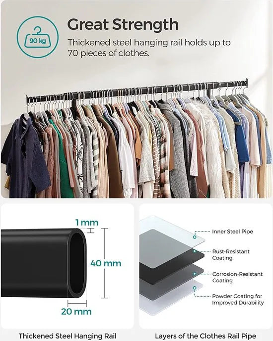MIRA Home - Kledingrek Zwart - Verstelbaar - Ruimtebesparend - Modern Design - (92-132) x 45,4 x 160 cm