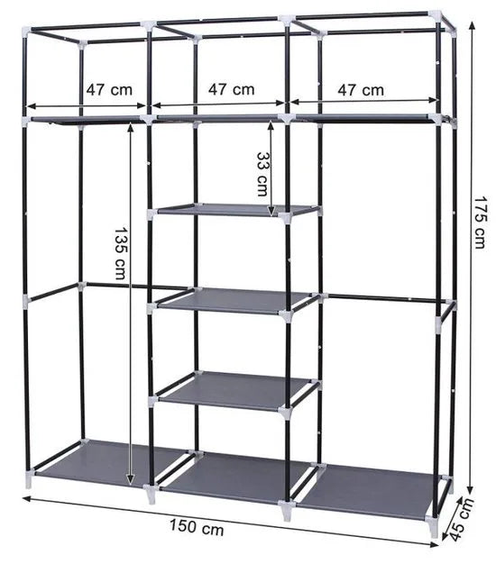 MIRA Home - Opvouwbare kledingkast - Garderobekast - Stoffen - Stof - Hangkast - Legkast - 150x45x175