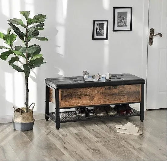 MIRA Home Schoenenbank - Zitbank met opbergruimte - Metaal/Hout - Bruin/Zwart - 48x100x40