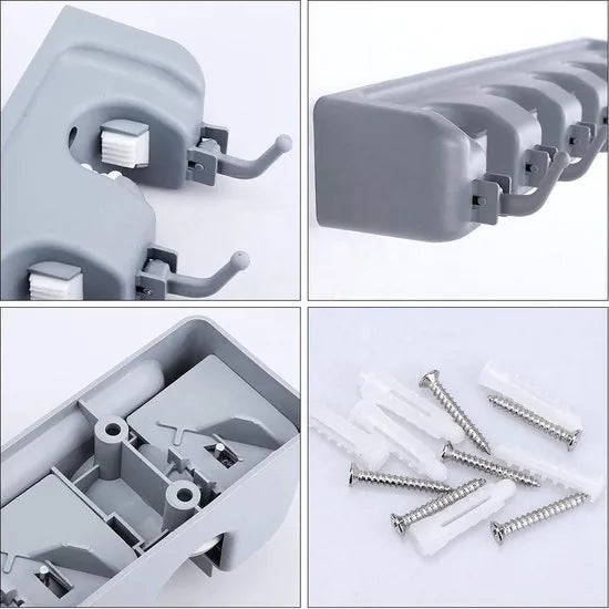 Multifunctioneel Ophangsysteem Tuingereedschap - Inclusief Bevestigingsmateriaal - Plek voor 5 Stelen- Inclusief 6 Ophanghaken- Kunststof - Bezem Houder - Organizer - Bezemsteel - Wandhouder