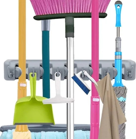 Multifunctioneel Ophangsysteem Tuingereedschap - Inclusief Bevestigingsmateriaal - Plek voor 5 Stelen- Inclusief 6 Ophanghaken- Kunststof - Bezem Houder - Organizer - Bezemsteel - Wandhouder