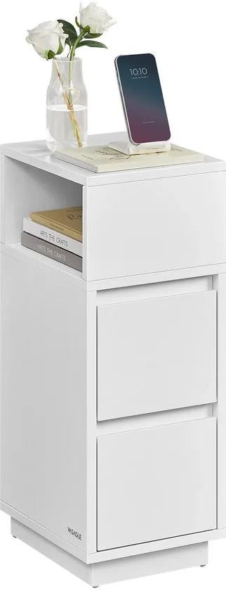 Nachtkastje - Bijzettafel - Smal - Voor Kleine Ruimtes - 3 Lades - Wit