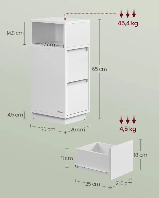 Nachtkastje - Bijzettafel - Smal - Voor Kleine Ruimtes - 3 Lades - Wit