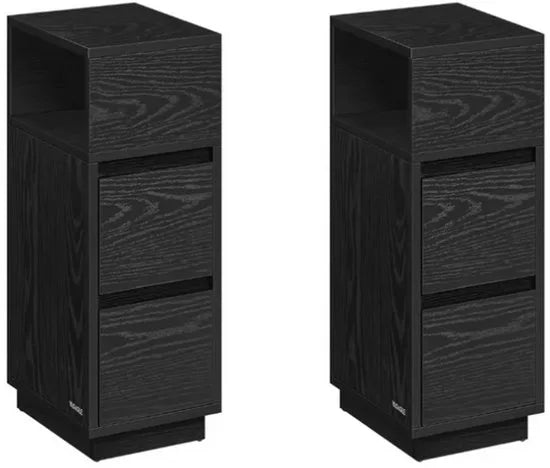 Nachtkastje - Set van 2 - Bijzettafel - Met Opbergruimte - Smal - Voor Kleine Ruimtes - 3 Lades - Zwart