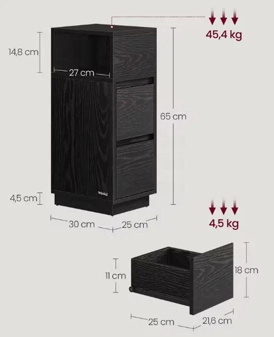 Nachtkastje - Set van 2 - Bijzettafel - Met Opbergruimte - Smal - Voor Kleine Ruimtes - 3 Lades - Zwart