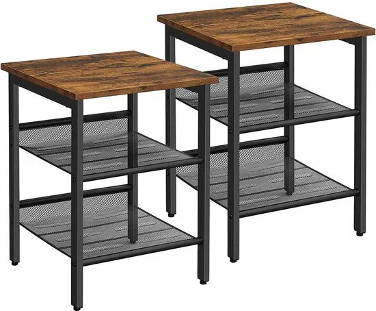 Nachtkastjes, set van bijzettafels, set van 2 banken, kleine salontafels met verstelbare rasterplanken, woonkamer, slaapkamer, hal, stal, industrieel ontwerp, Vintage bruin-zwart LET24X
