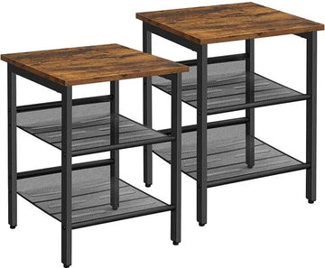 Nachtkastjes, set van bijzettafels, set van 2 banken, kleine salontafels met verstelbare rasterplanken, woonkamer, slaapkamer, hal, stal, industrieel ontwerp, Vintage bruin-zwart LET24X