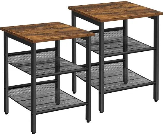 Nachtkastjes, set van bijzettafels, set van 2 banken, kleine salontafels met verstelbare rasterplanken, woonkamer, slaapkamer, hal, stal, industrieel ontwerp, Vintage bruin-zwart LET24X – Bruin + zwart