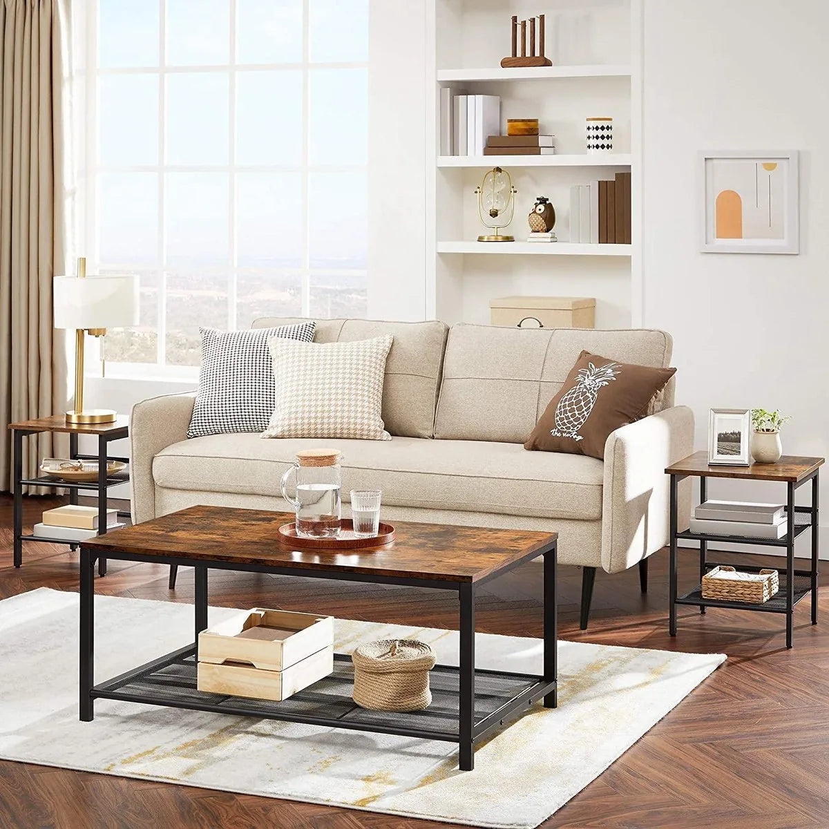 Nachtkastjes, set van bijzettafels, set van 2 banken, kleine salontafels met verstelbare rasterplanken, woonkamer, slaapkamer, hal, stal, industrieel ontwerp, Vintage bruin-zwart LET24X