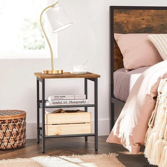 Nachtkastjes, set van bijzettafels, set van 2 banken, kleine salontafels met verstelbare rasterplanken, woonkamer, slaapkamer, hal, stal, industrieel ontwerp, Vintage bruin-zwart LET24X – Bruin + zwart