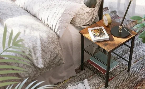 Nachtkastjes, set van bijzettafels, set van 2 banken, kleine salontafels met verstelbare rasterplanken, woonkamer, slaapkamer, hal, stal, industrieel ontwerp, Vintage bruin-zwart LET24X