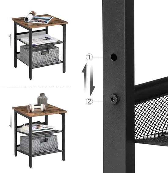 Nachtkastjes, set van bijzettafels, set van 2 banken, kleine salontafels met verstelbare rasterplanken, woonkamer, slaapkamer, hal, stal, industrieel ontwerp, Vintage bruin-zwart LET24X
