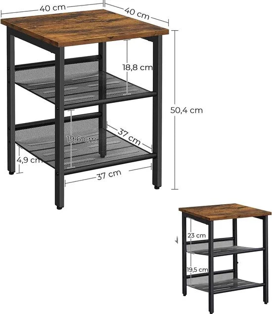 Nachtkastjes, set van bijzettafels, set van 2 banken, kleine salontafels met verstelbare rasterplanken, woonkamer, slaapkamer, hal, stal, industrieel ontwerp, Vintage bruin-zwart LET24X