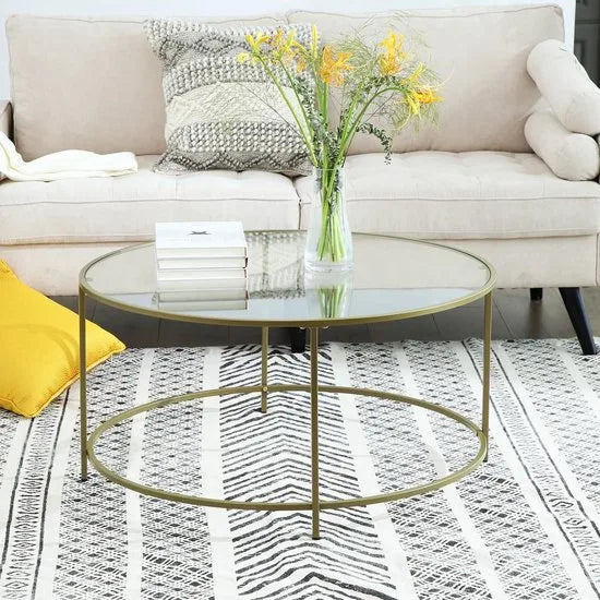 Nancy's Salontafel - Ronde Glazen Tafel - Gouden Ijzeren Frame