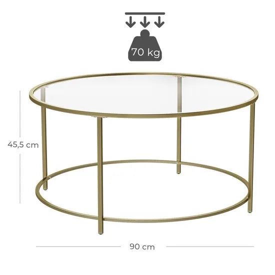 Nancy's Salontafel - Ronde Glazen Tafel - Gouden Ijzeren Frame