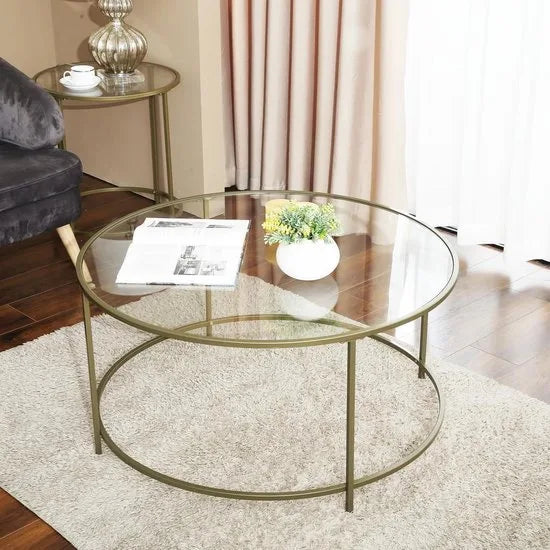 Nancy's Salontafel - Ronde Glazen Tafel - Gouden Ijzeren Frame