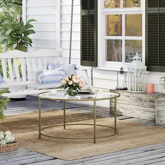 Nancy's Salontafel - Ronde Glazen Tafel - Gouden Ijzeren Frame